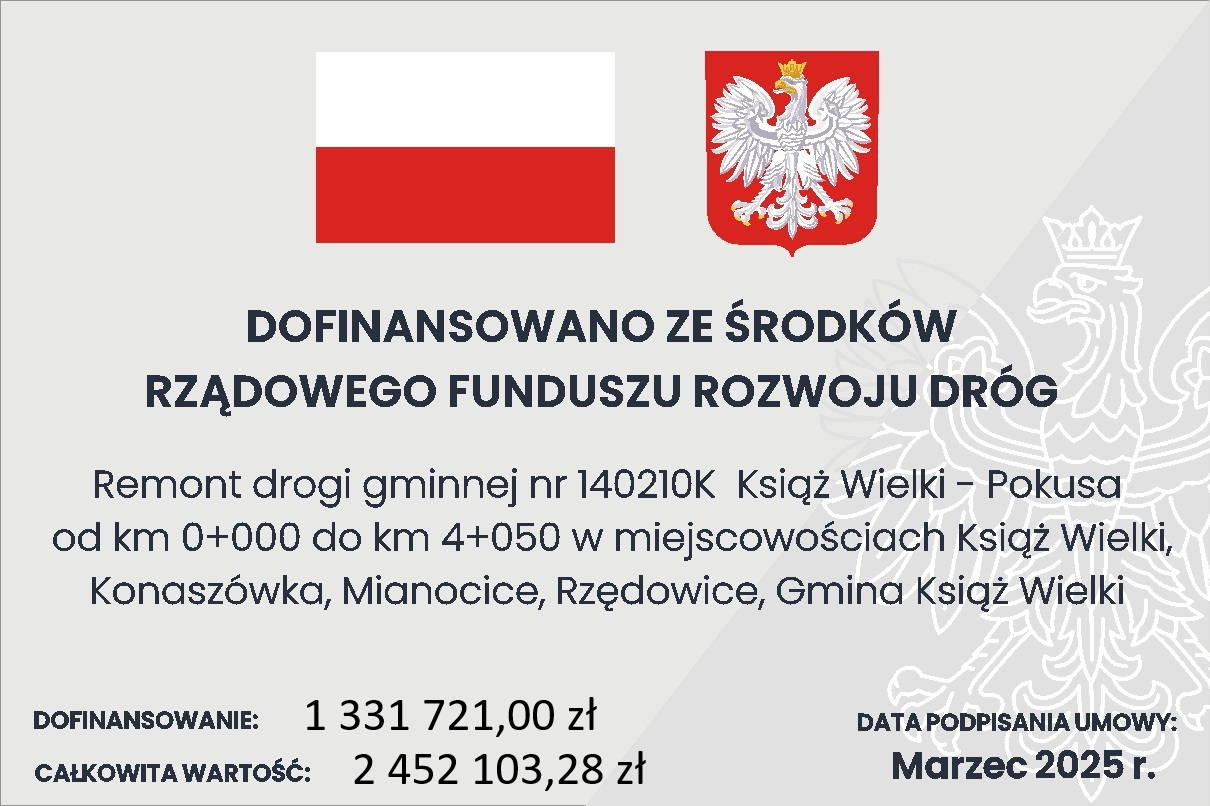 Remont drogi gminnej 140210K Książ Wielki - Pokusa od km od 0+000 do km 4+050 w miejscowościach Książ Wielki, Konaszówka, Mianocice, Rzędowice, Gmina Książ Wielki